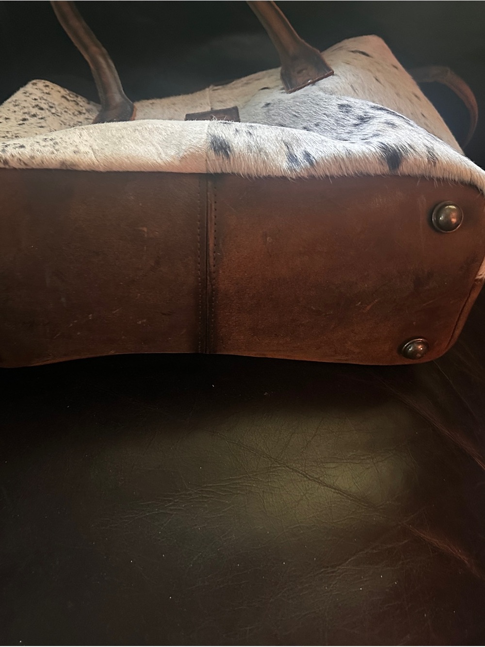STS Ranchwear Brown Leather-Trim Spotted Cream Hair-On Hide Tote - Picture 3 of 7